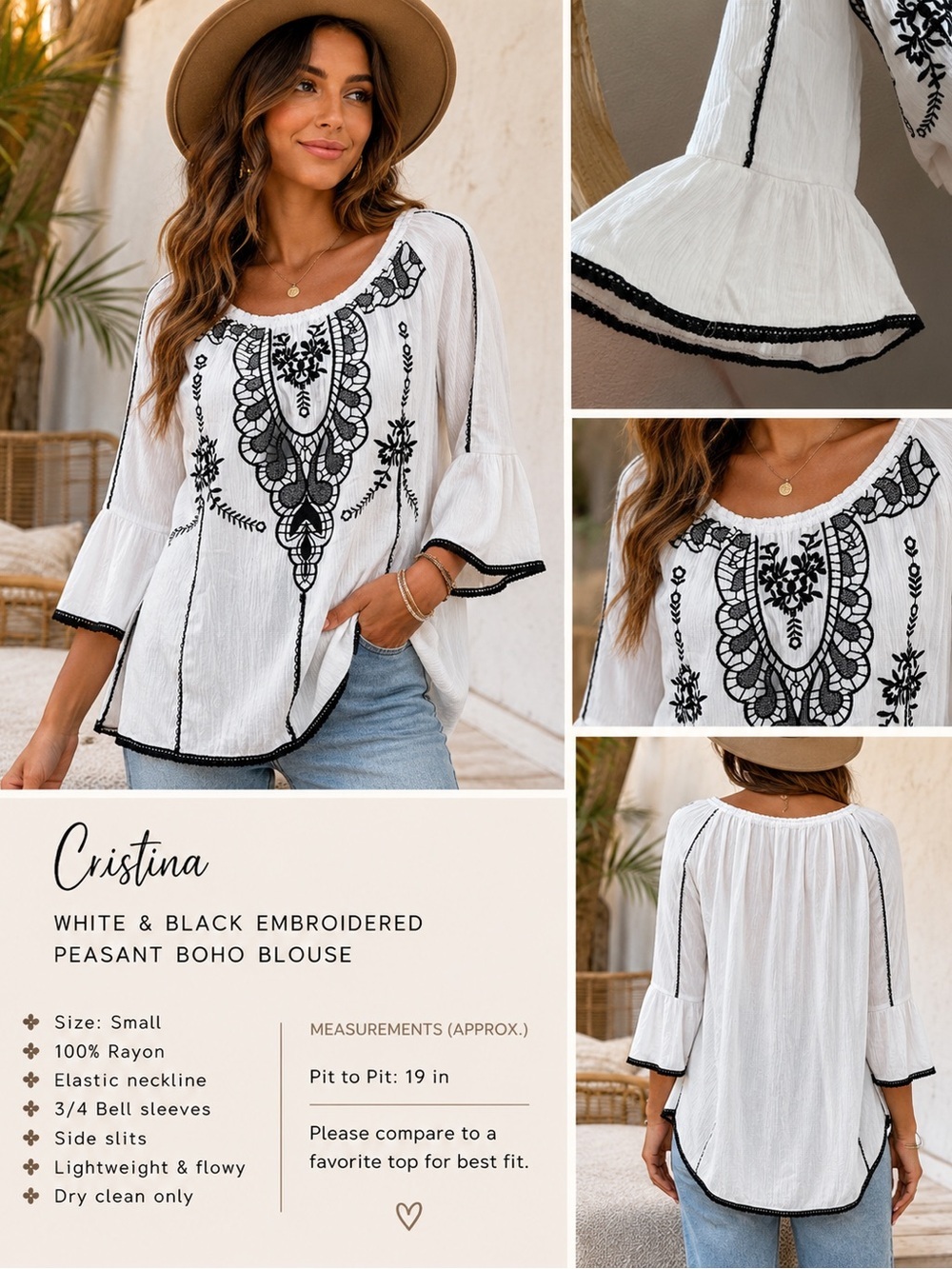 Christina White Boho Peasant Blouse with Black Embroidery